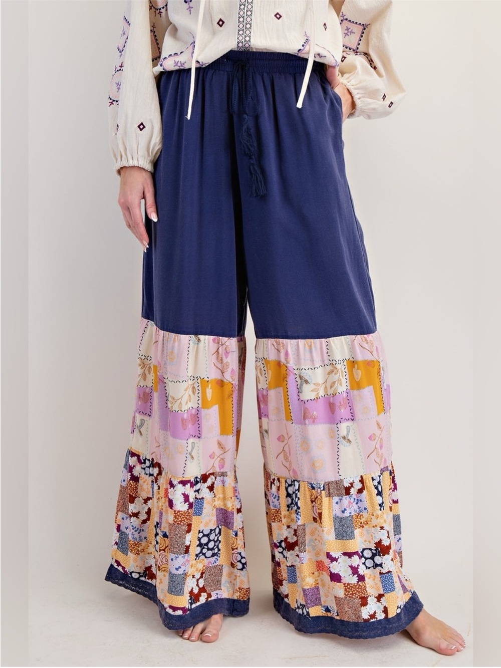 Navy Patchwork Wide-Leg Pants with Drawstring Waist